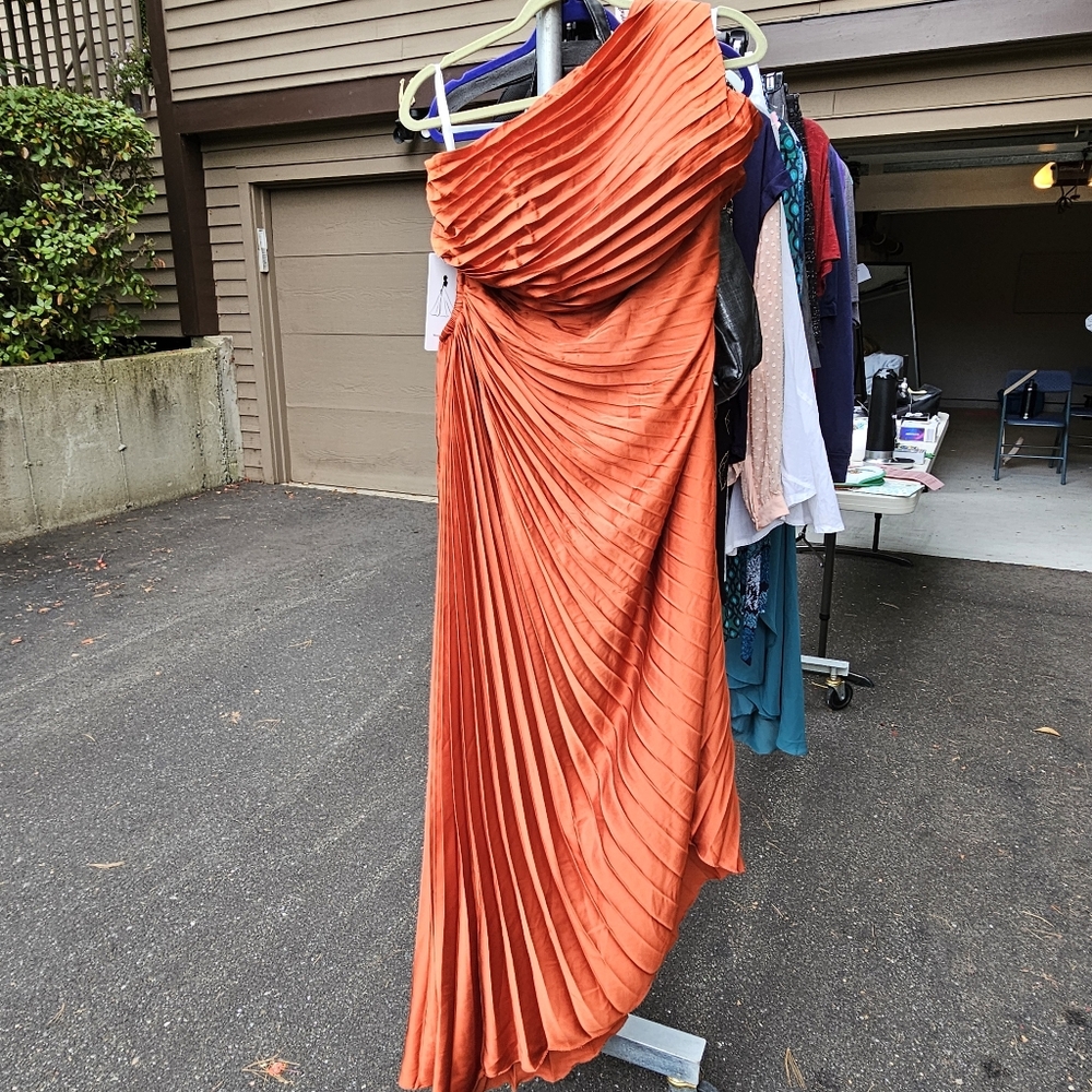 Elegant One-Shoulder Pleated Dress in Rust 16W Wedding